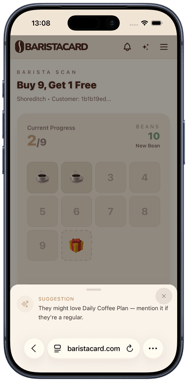 Barista giving stamp with nudge suggestion