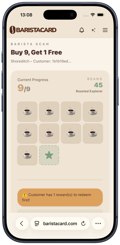 Barista redeem screen